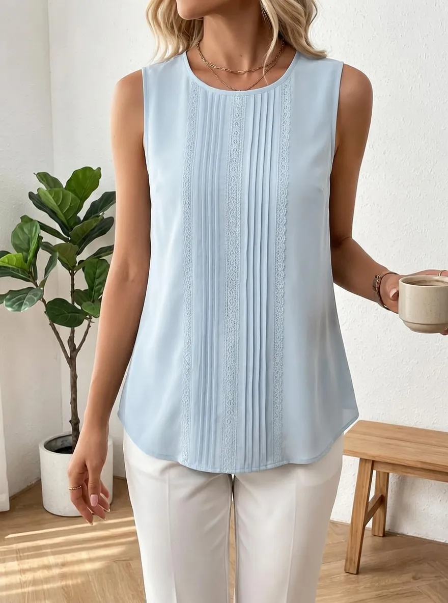 Pleated Lace Trim Sleeveless Blouse