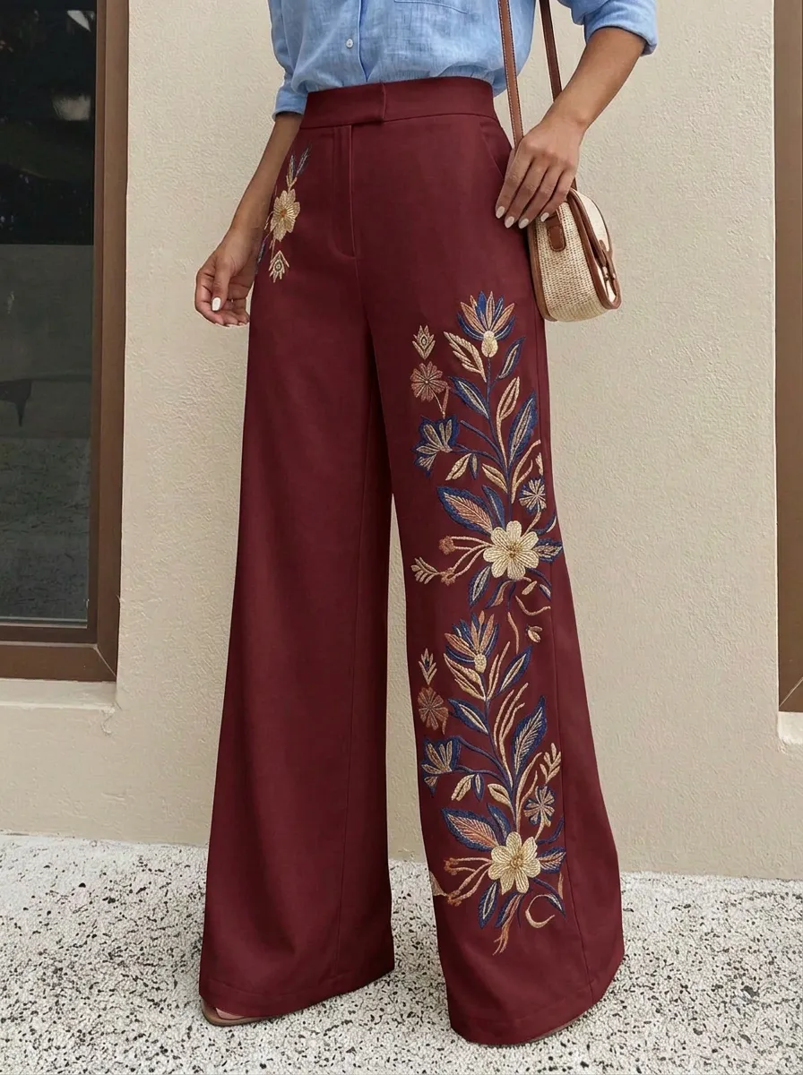 Women's Floral Botanical Embroidered Patterned High-Waist Wide-Leg Pants