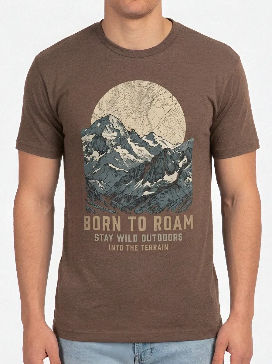 Men's Outdoor Hiking Born To Roam Mountain Topographic Printed T-shirt