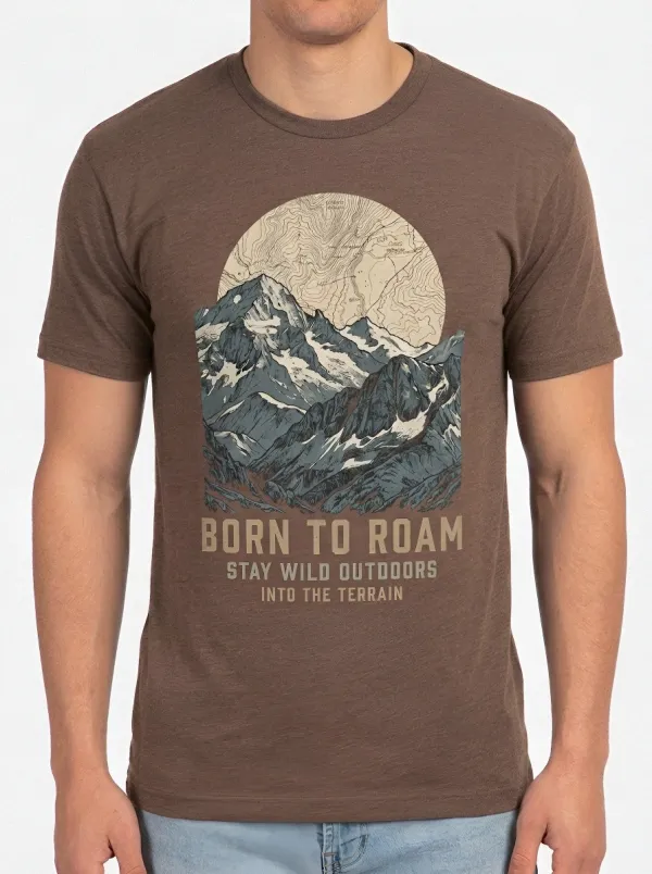 Men's Outdoor Hiking Born To Roam Mountain Topographic Printed T-shirt