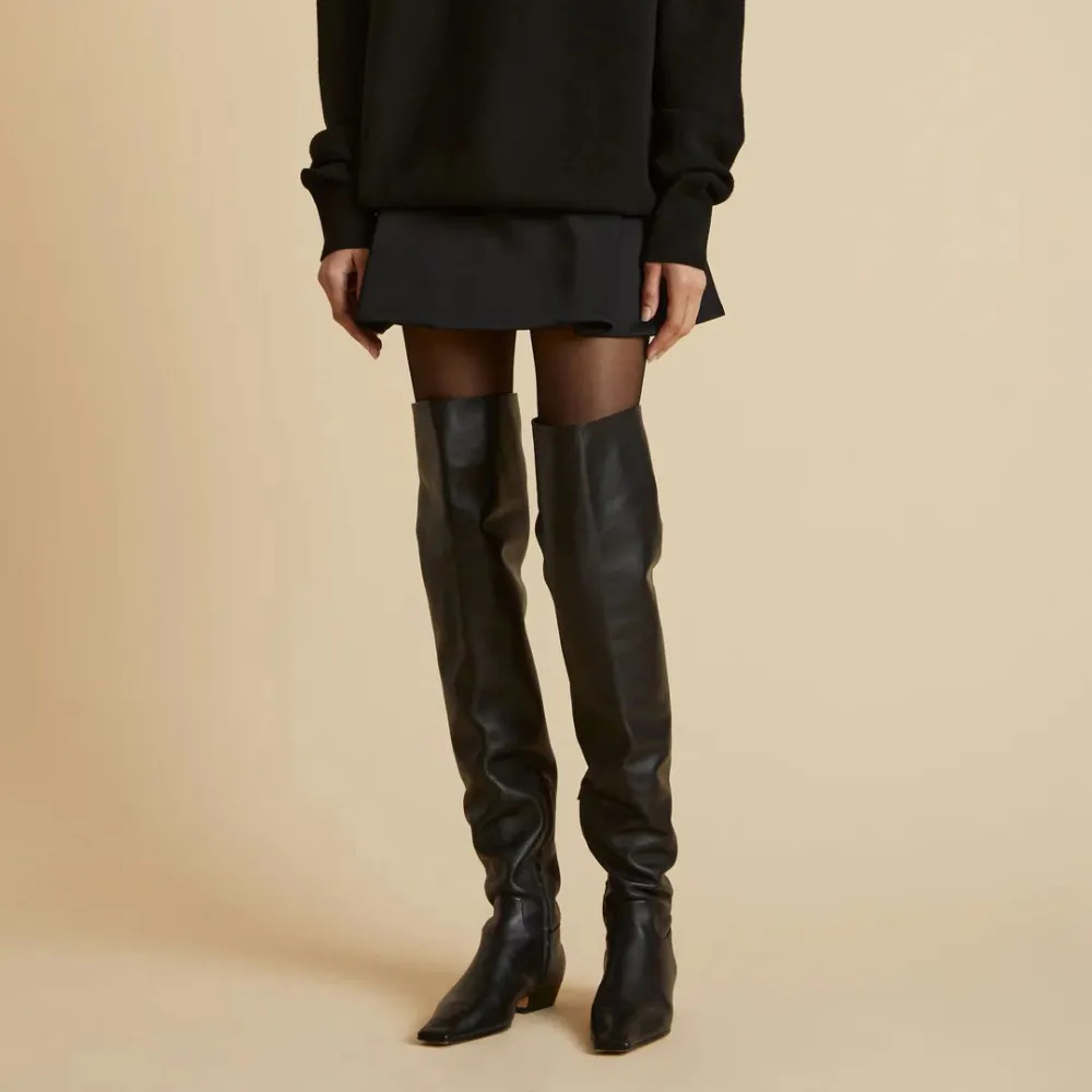 Faux-Leather Zip-Up Pull-On Square-Toe Over-the-Knee Boots