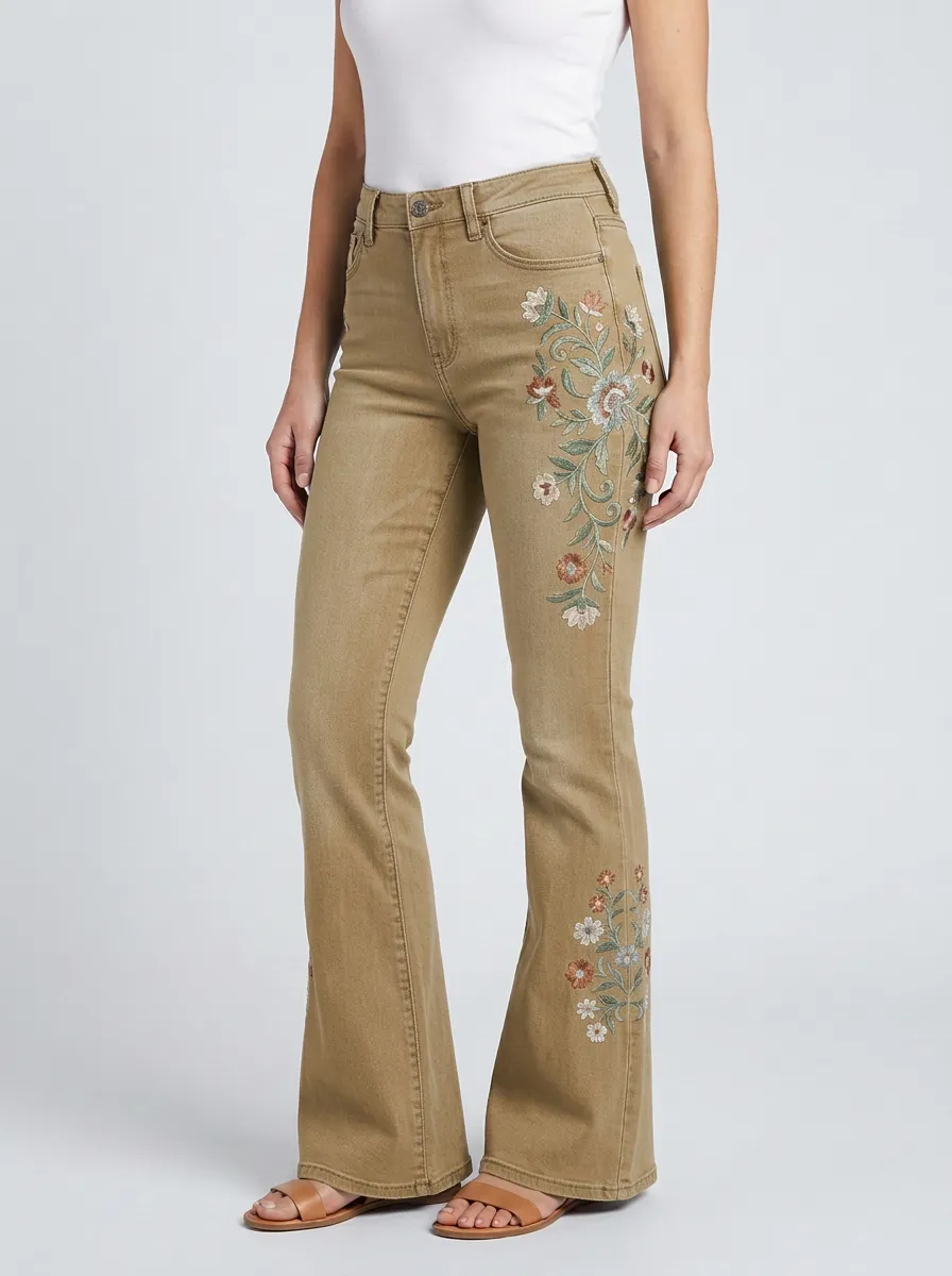 Women's Garden Medium Wash Floral Embroidery High-Rise Flare Jeans
