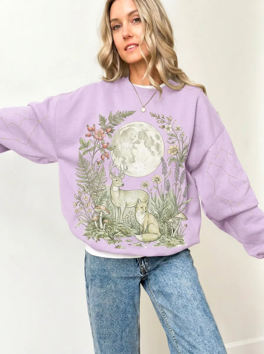 Women's Nature Forest Moon Deer Fox Constellation Graphic Sweatshirt