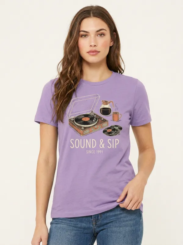 Women's Music Coffee Lover Vinyl Record Sound & Sip Printed T-shirt