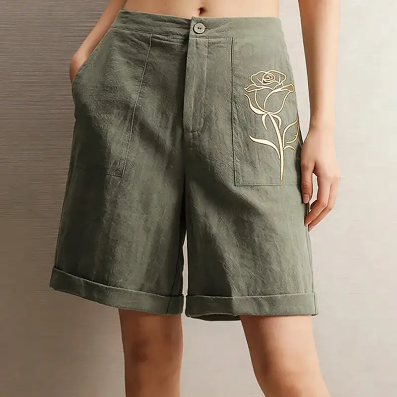 Women's Relaxed Fit Linen Floral Detail Shorts