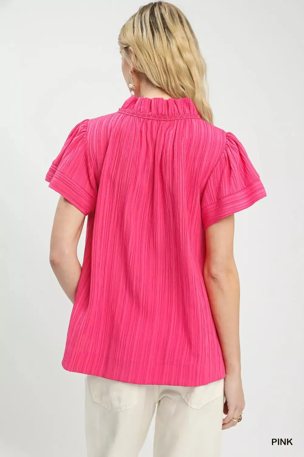 Texture Flutter Sleeve Notched Blouse