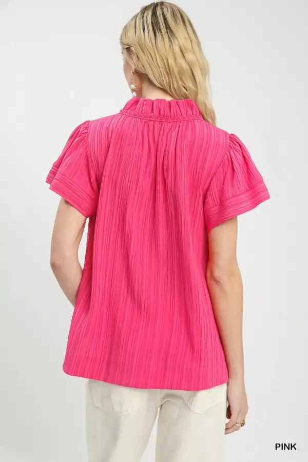 Texture Flutter Sleeve Notched Blouse