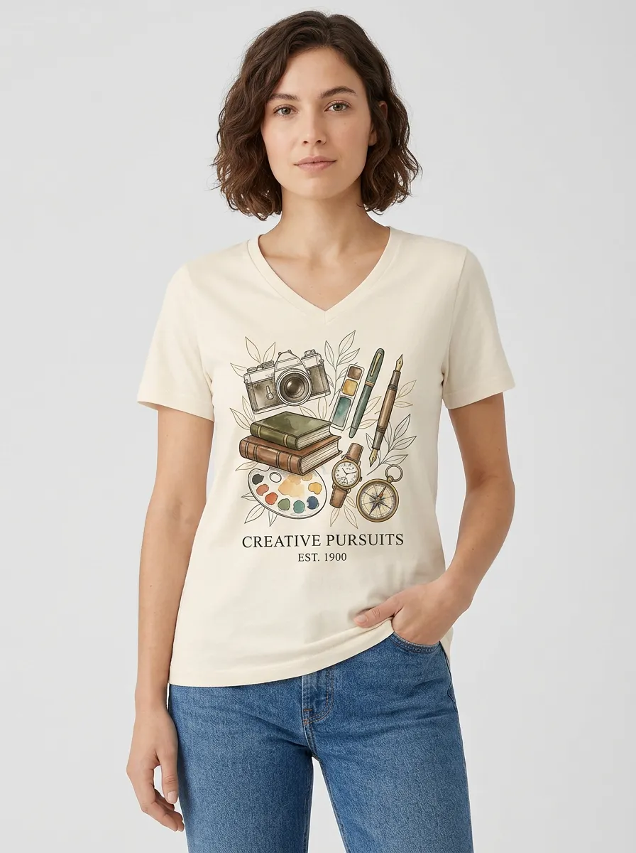 Women's Artist Creative Pursuits Camera Books Watercolor Graphic V-Neck T-Shirt