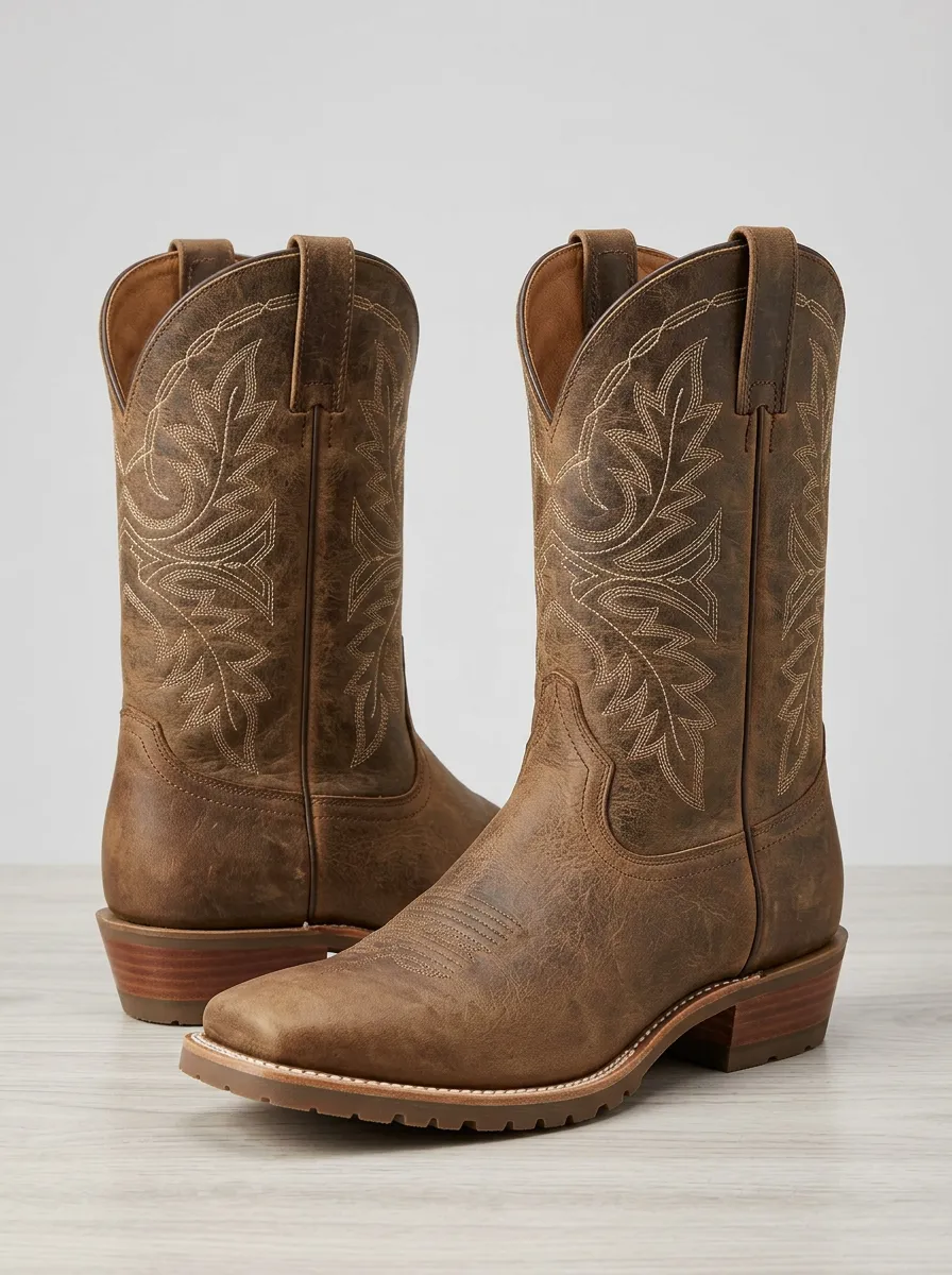 Outlaw-Inspired Embroidered Distressed Leather-Look Classic Look Unisex Western Cowboy Boots