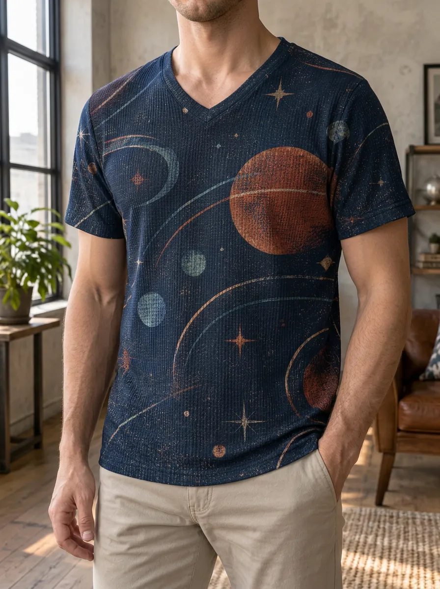 Men's Stellar Space Astronomy Lover Planet Stars V-Neck T-Shirt