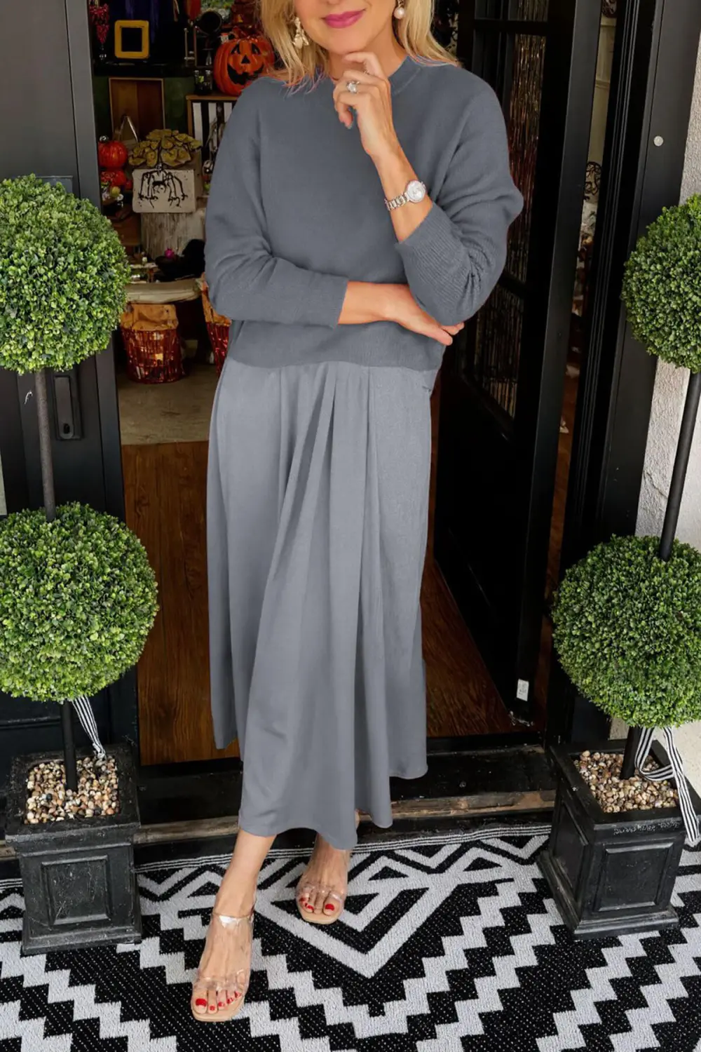 Fashion Knit Ruched Sweater And Satin Midi Dress