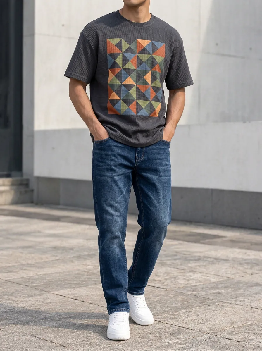 Men's Modern Geometric Triangle Pattern Printed T-Shirt and Jeans Set