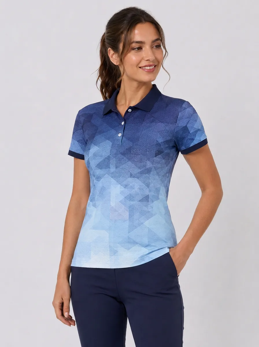 Women's Geometric Pattern Blue Ombre Printed Polo Shirt