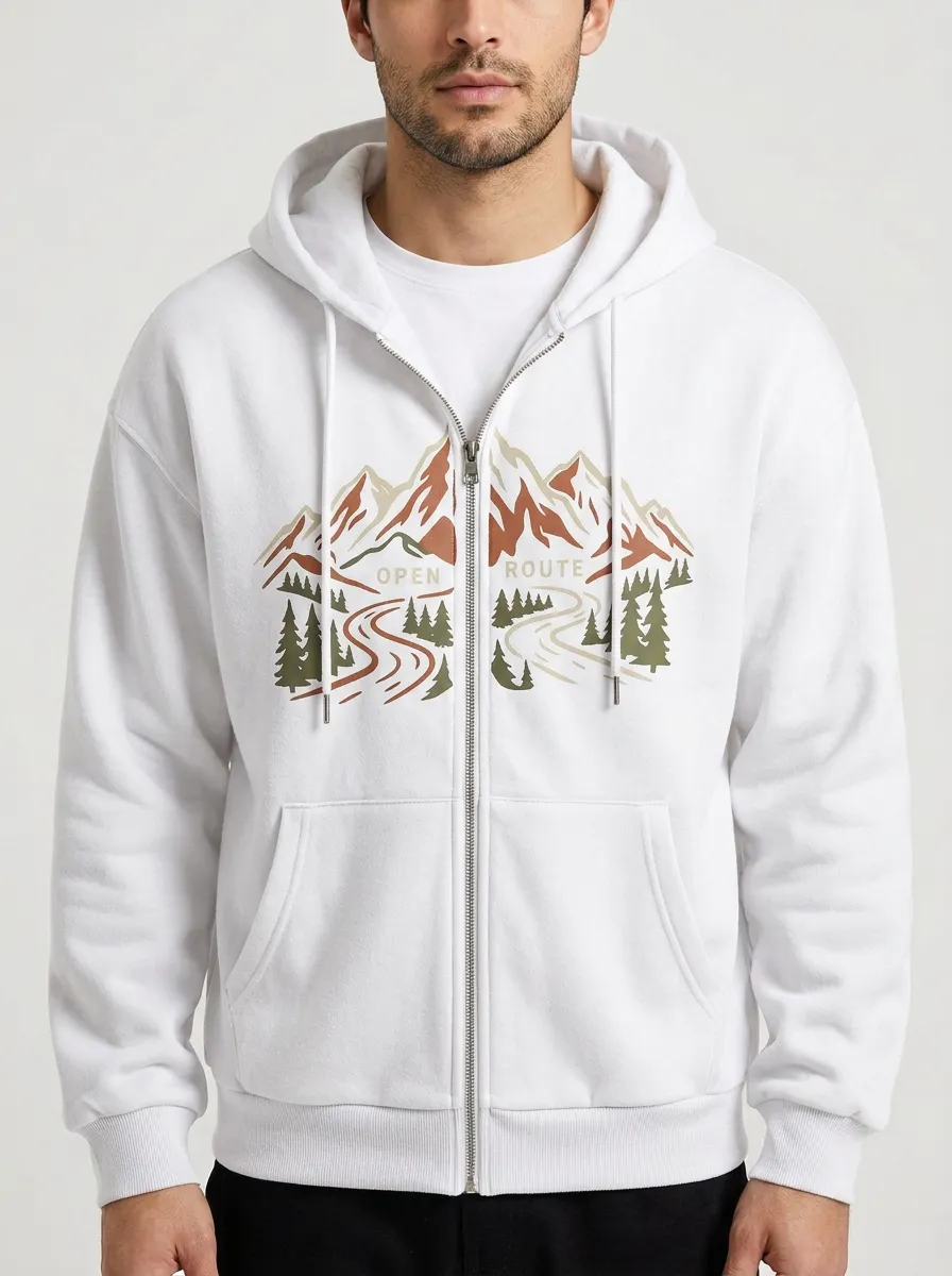 Men's Outdoor Adventure Open Route Mountain Printed Zip Hoodie