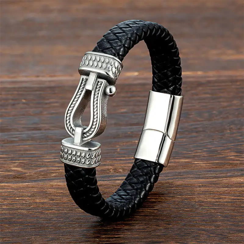Leather Horseshoe Shaped Titanium Steel Braided Magnetic Bracelet