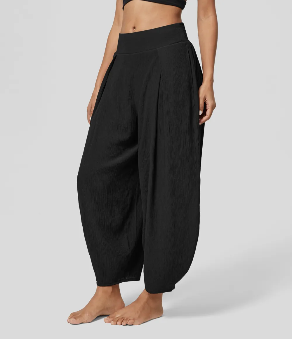High Waisted Back Elastic Side Pocket Plicated Barrel Leg Casual Joggers
