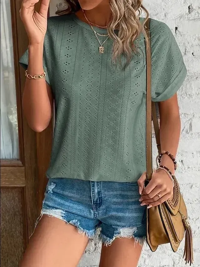 Women's T shirt Tee White Eyelet Tops Light Blue Black White Plain Cut Out Short Sleeve Daily Weekend Basic Round Neck Regular Cotton S