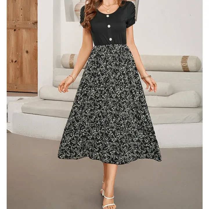 Printed Round Neck Short Sleeve Midi Dress