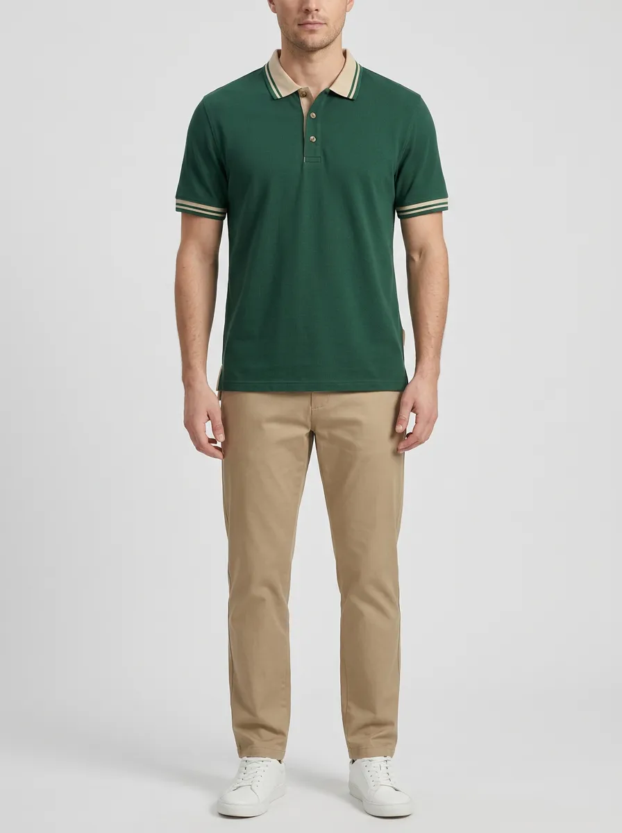 Men's Casual Green Khaki Trimmed Contrast Collar Polo Shirt