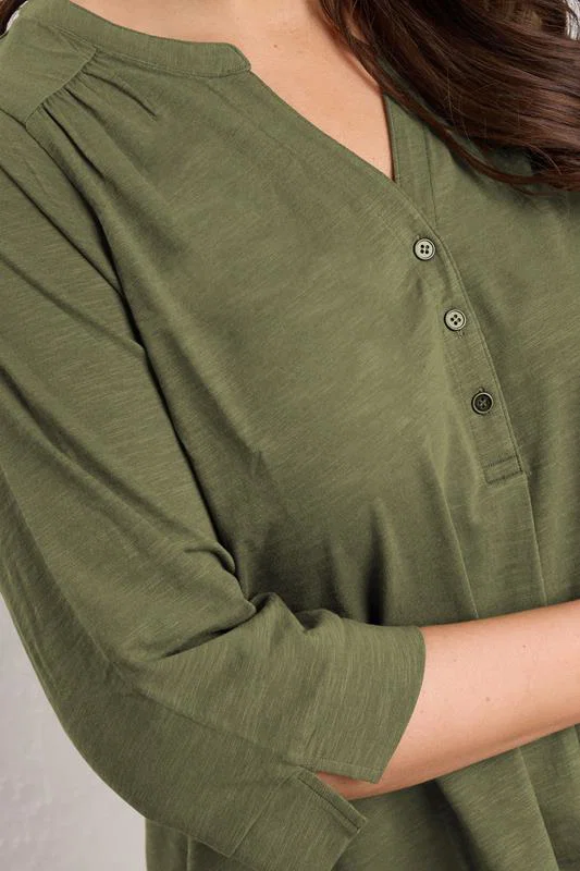 Khaki Green Pleat Front Henley Top detail 3