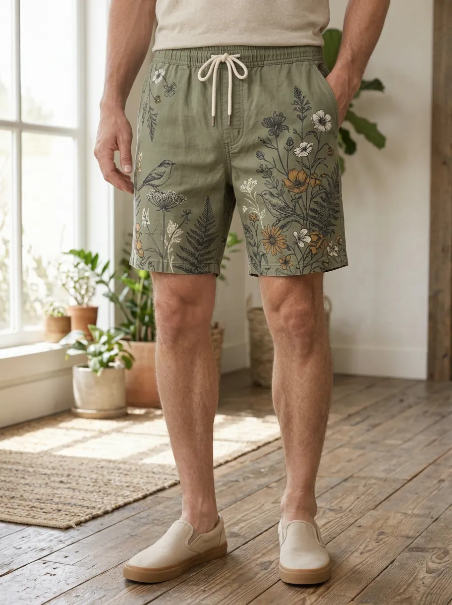 Men's Nature Bird And Wildflower Drawstring Shorts