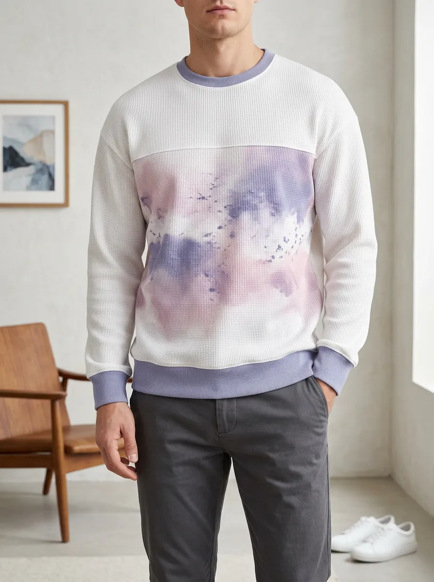 Men's Abstract Watercolor Print Waffle Knit Crewneck Sweatshirt
