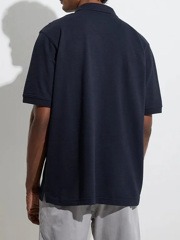 Navy Loose Cotton-Blend Polo T-Shirt