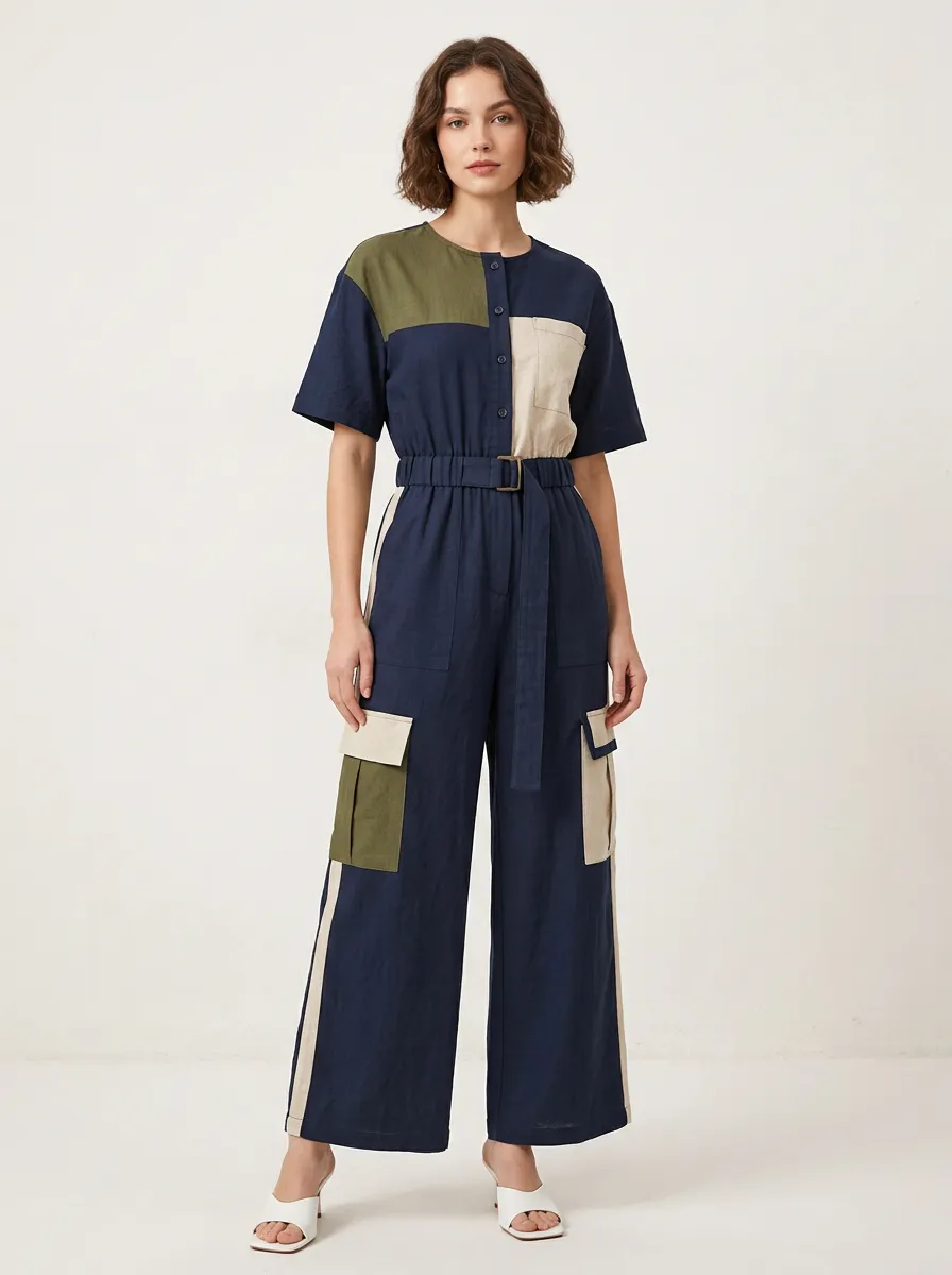 Women's Patchwork Colorblock Belted Cargo Jumpsuit
