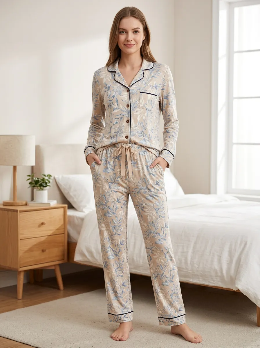 Botanical Leaf Button-Down Top Long Sleeve Short Sleeve Straight-Leg Pants Women's Printed Pajama Set
