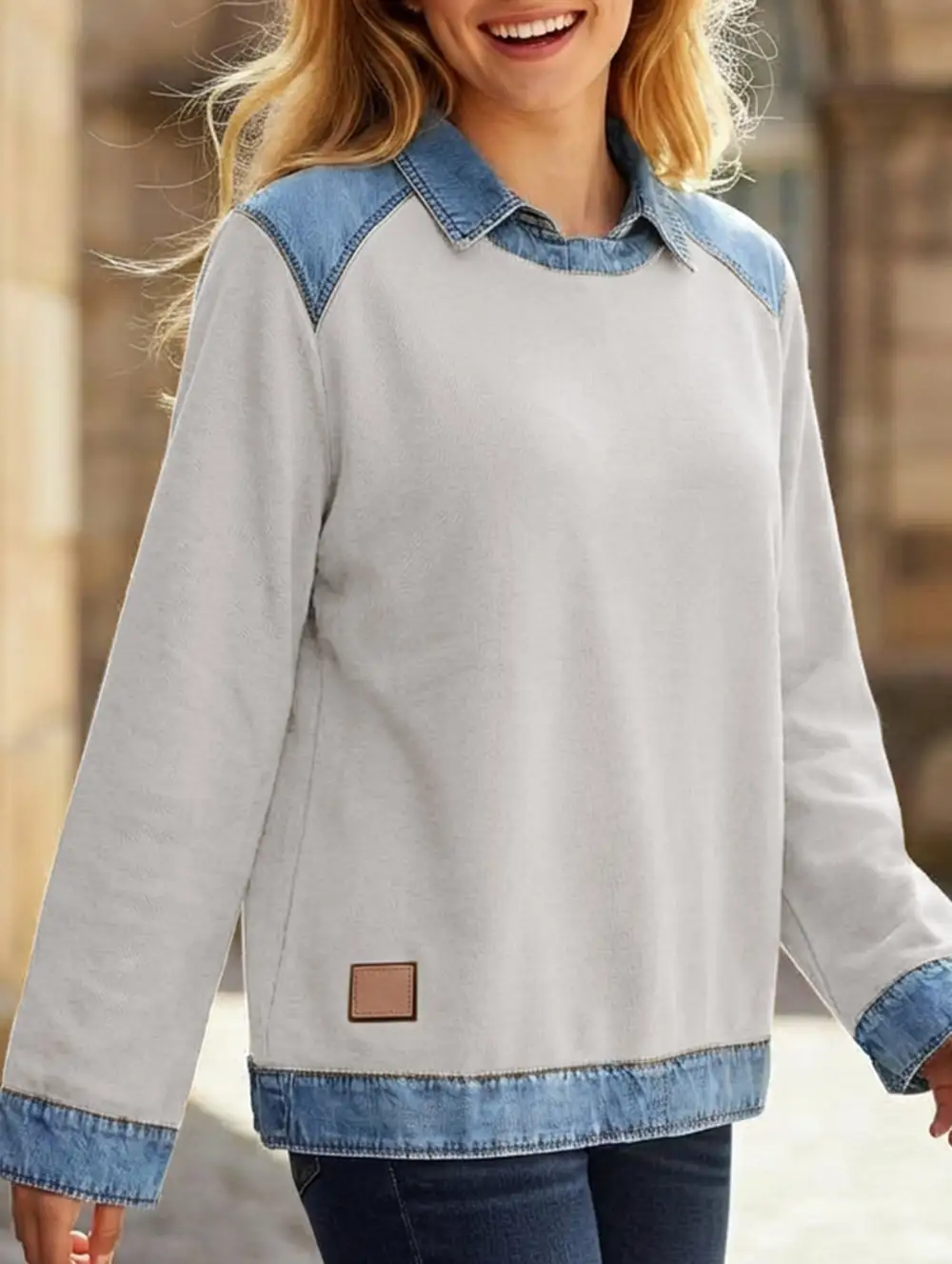 Denim Collar Patchwork Top