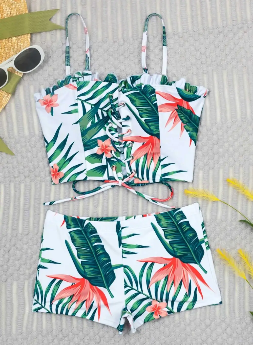 Swimwear Palm Leaf Bikini with Shorts V Neck Drawstring Lace Up Mid Waist Padded Two Piece Swimsuits Bathing Suit
