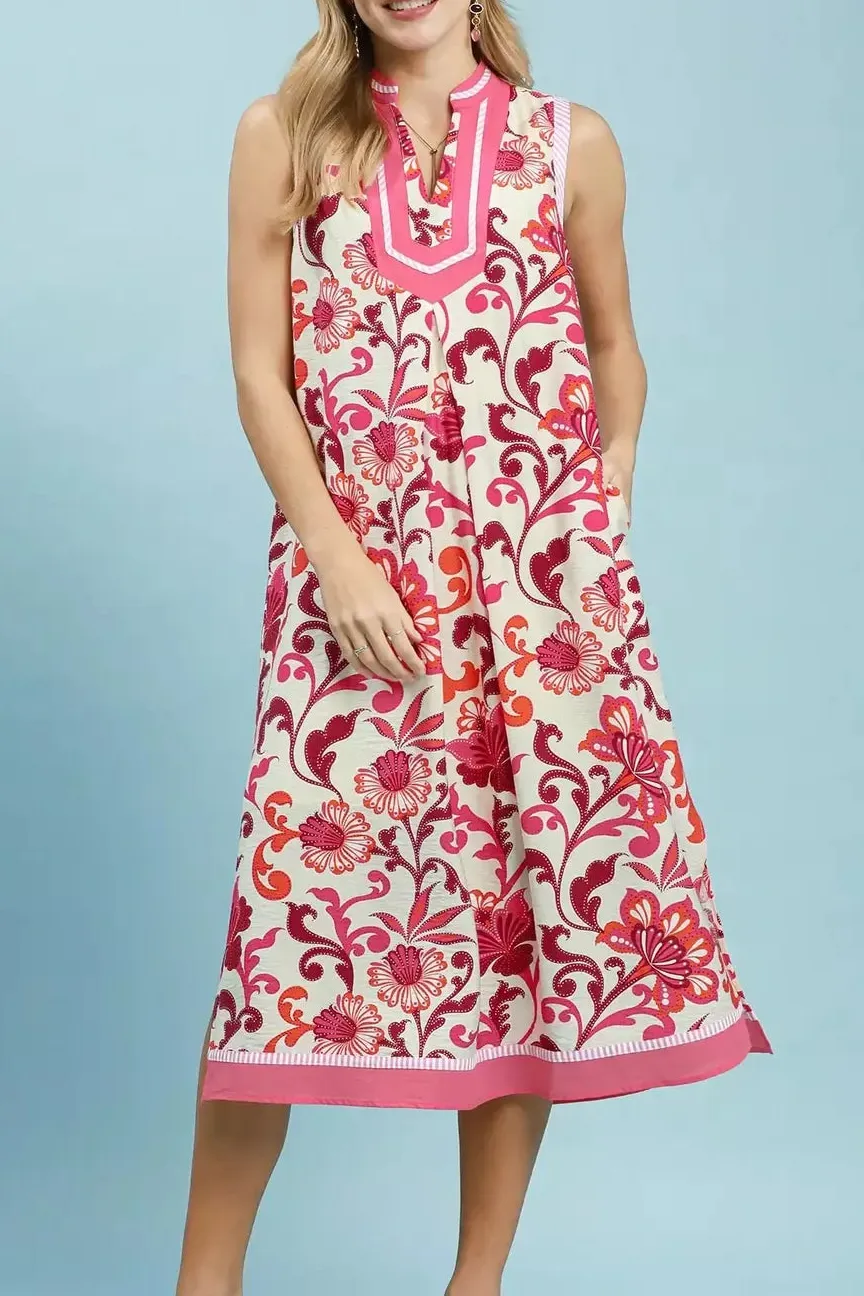 Everyday Floral Print Sleeveless Pocketed Midi Dress