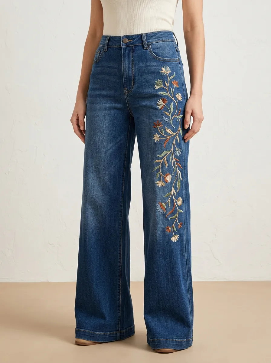 Women's Multicolor Floral Leg-Embroidered Stretch Jeans