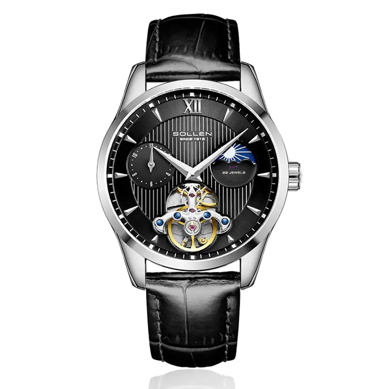 Sollen SL302 Men's Open Heart Automatic Mechanical Watch - 41mm Stainless Steel Case Moon Phase Dual Time Sunburst Dial Wristwatch