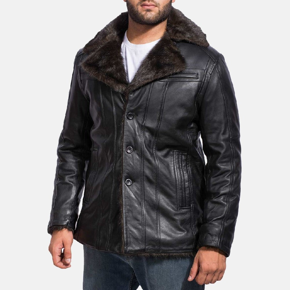 Men's Leather Fur Trim Coat