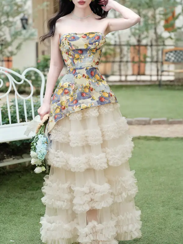 Floral Tulle Corset Maxi Dress