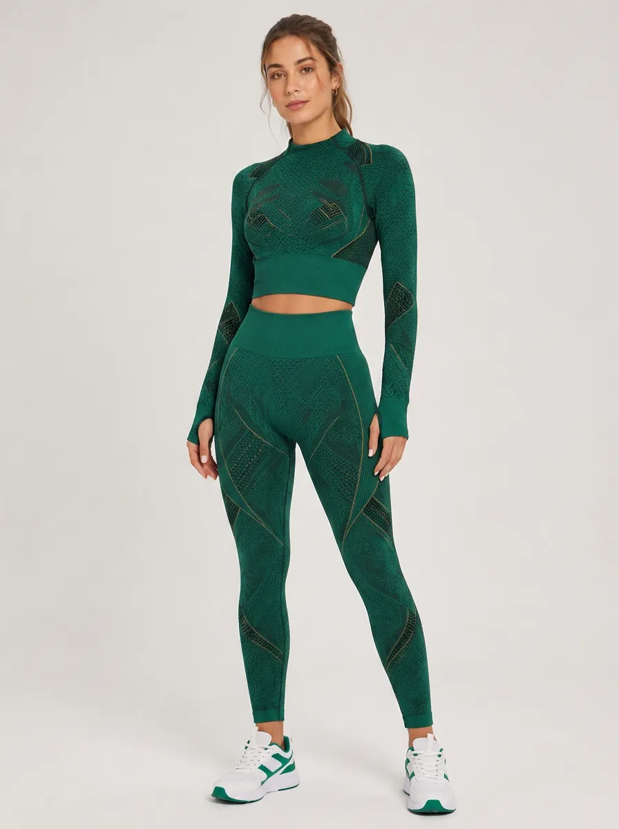 Women's Forest Green Geometric Pattern Seamless Activewear Set