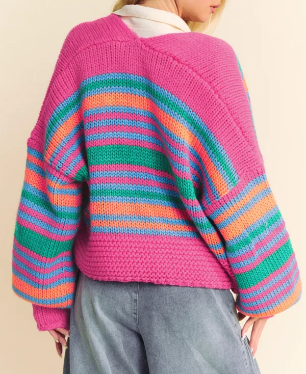 Colorful Puff Sleeve Drop Shoulder Loose Cardigan