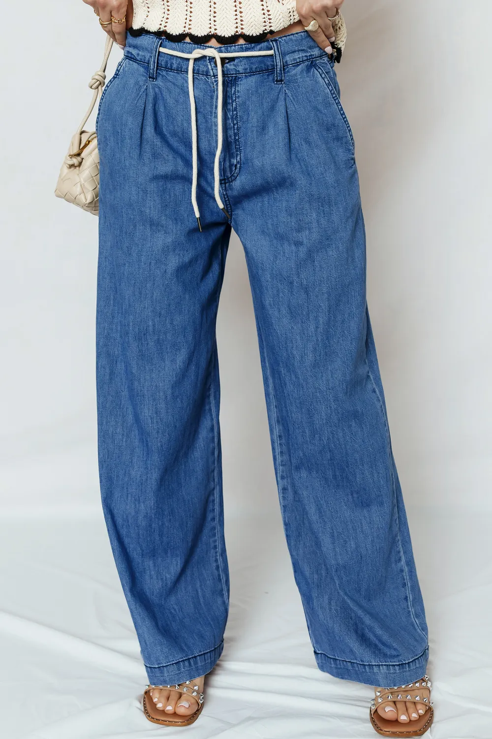 Blue Lace Up Wide Leg Jeans