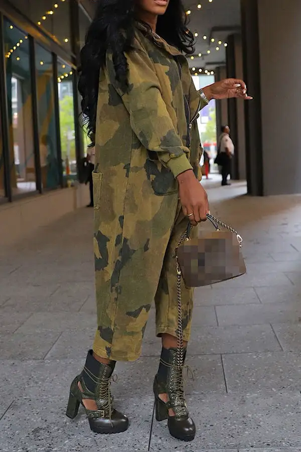Camo Hooded Zip-Front Pocket Jumpsuit