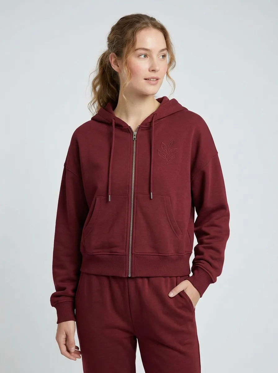 Women's Sage Green Botanical Leaf Embroidered Relaxed Fit Zip-Up Hoodie Jacket & Jogger Set