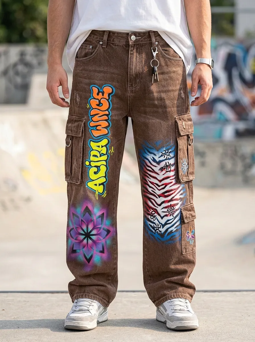 Men's Streetwear Graffiti Tiger Mandala Graphic Cargo Jeans