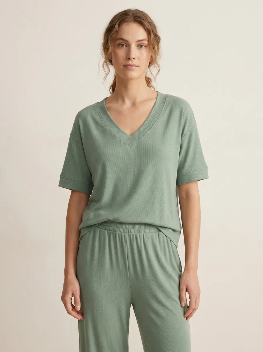 Short-Sleeve Ribbed Relaxed Women's V-Neck Casual Lounge Set