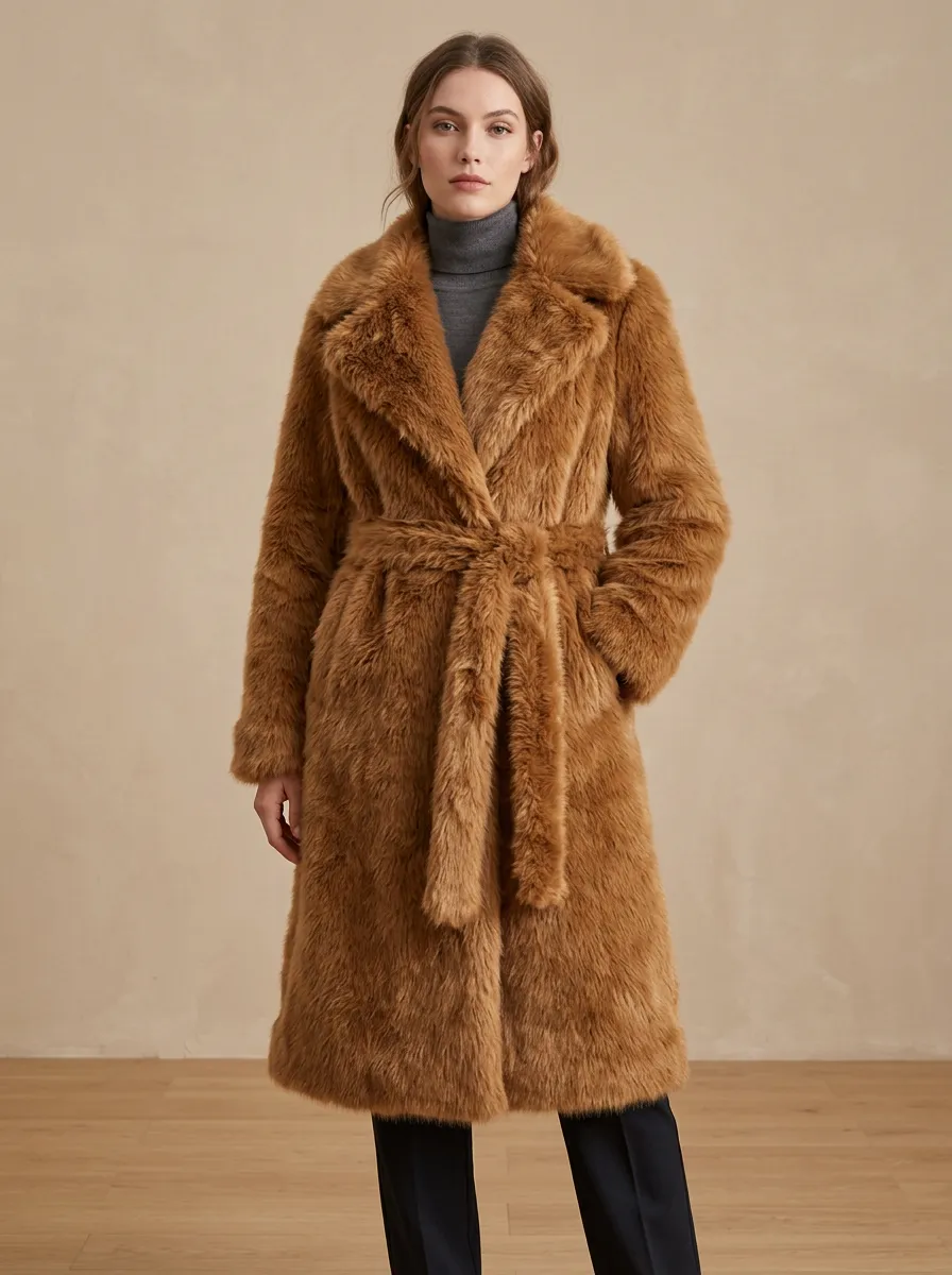 Toned Faux Fur Belted Coat