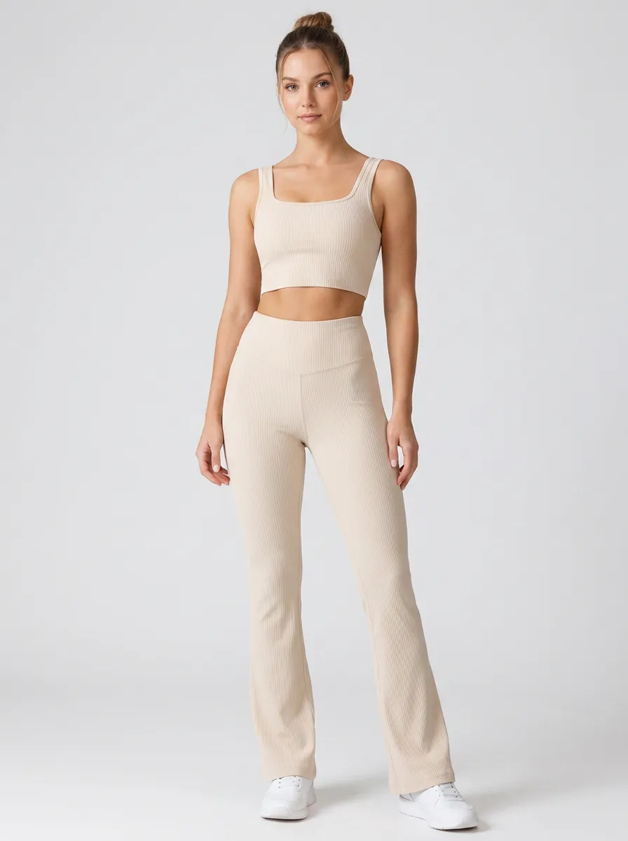 Women's Beige Ribbed Square Neck Crop Top and Flare Leggings Set