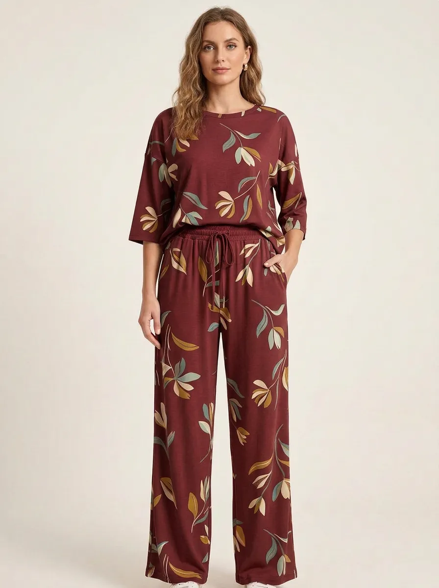 Women's Floral Print Drop-Shoulder Top And Drawstring Wide-Leg Trouser Lounge Set