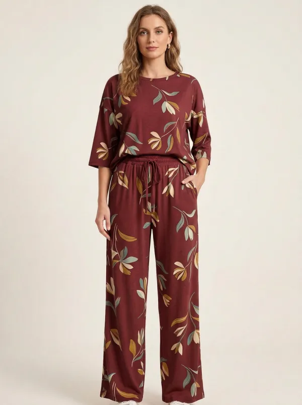 Women's Floral Print Drop-Shoulder Top And Drawstring Wide-Leg Trouser Lounge Set