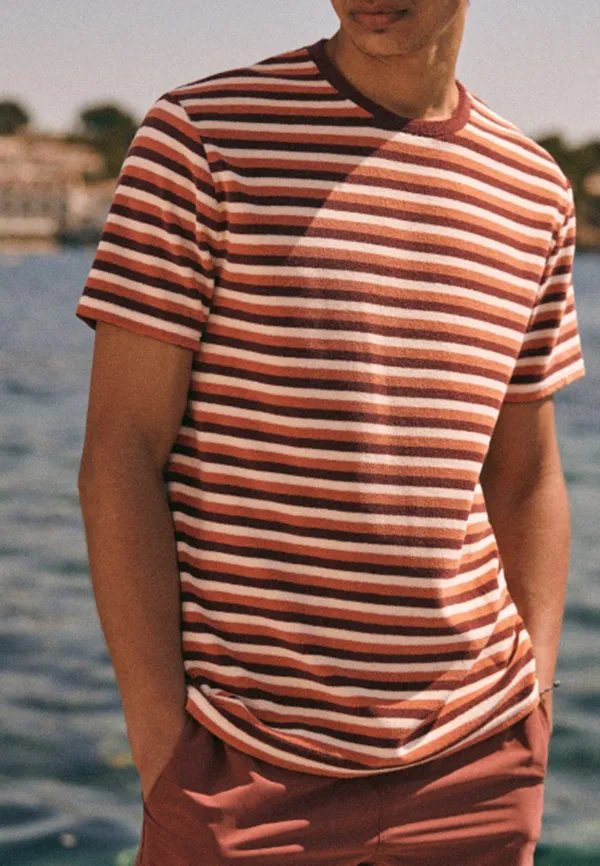 Rust Orange Stripe Print Short Sleeve Crew Neck T-Shirt