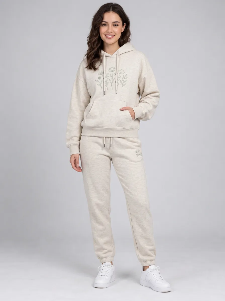 Women's Beige Solid Hoodie & Jogger Pants Set