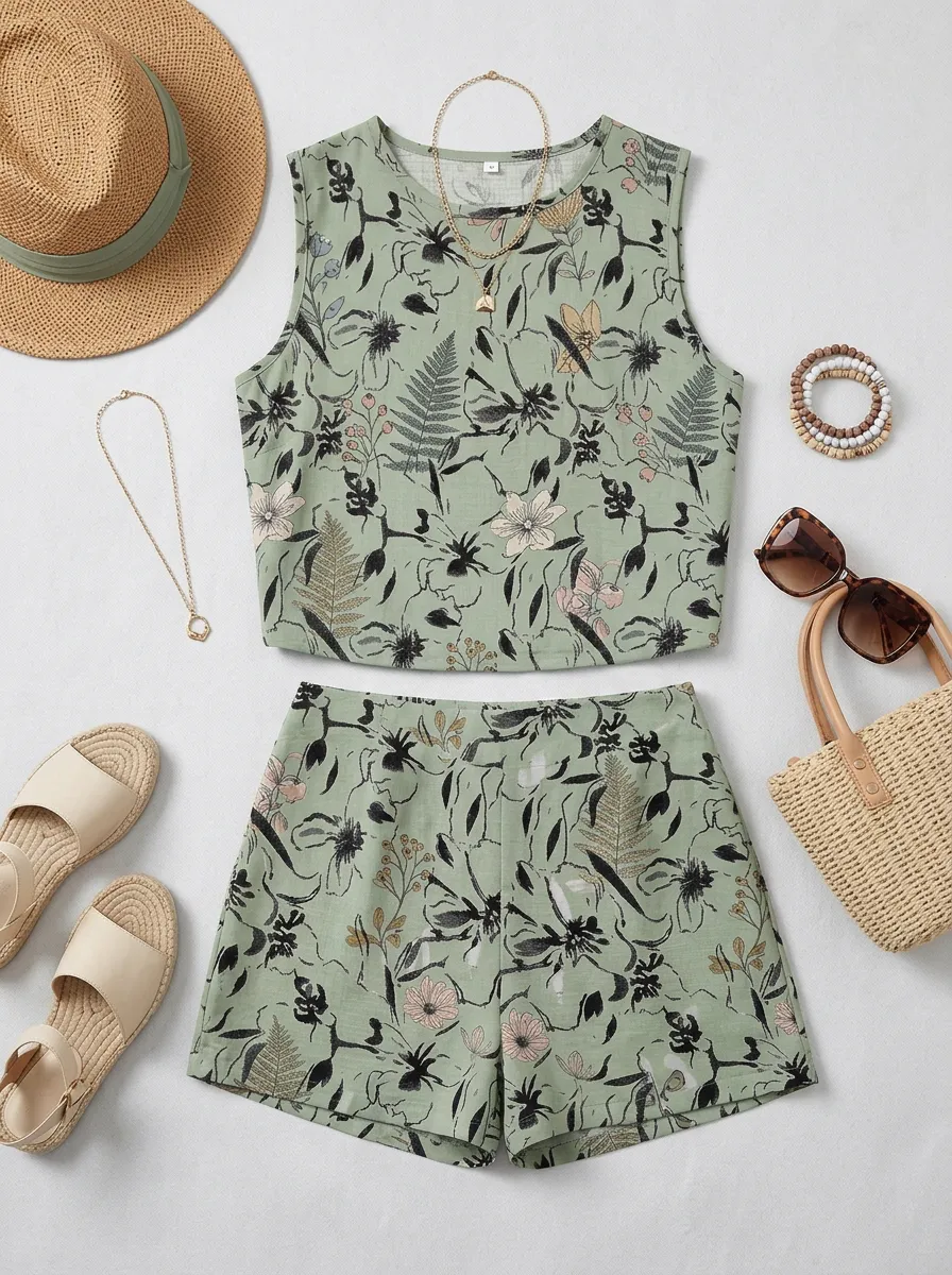 Women's Botanical Floral Sage Green Printed Sleeveless Shorts Set